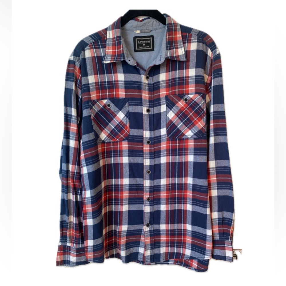 J. Peterman Flannel Shirt Mens Sz M Red Blue Plaid Tartan Long Sleeve Button Up